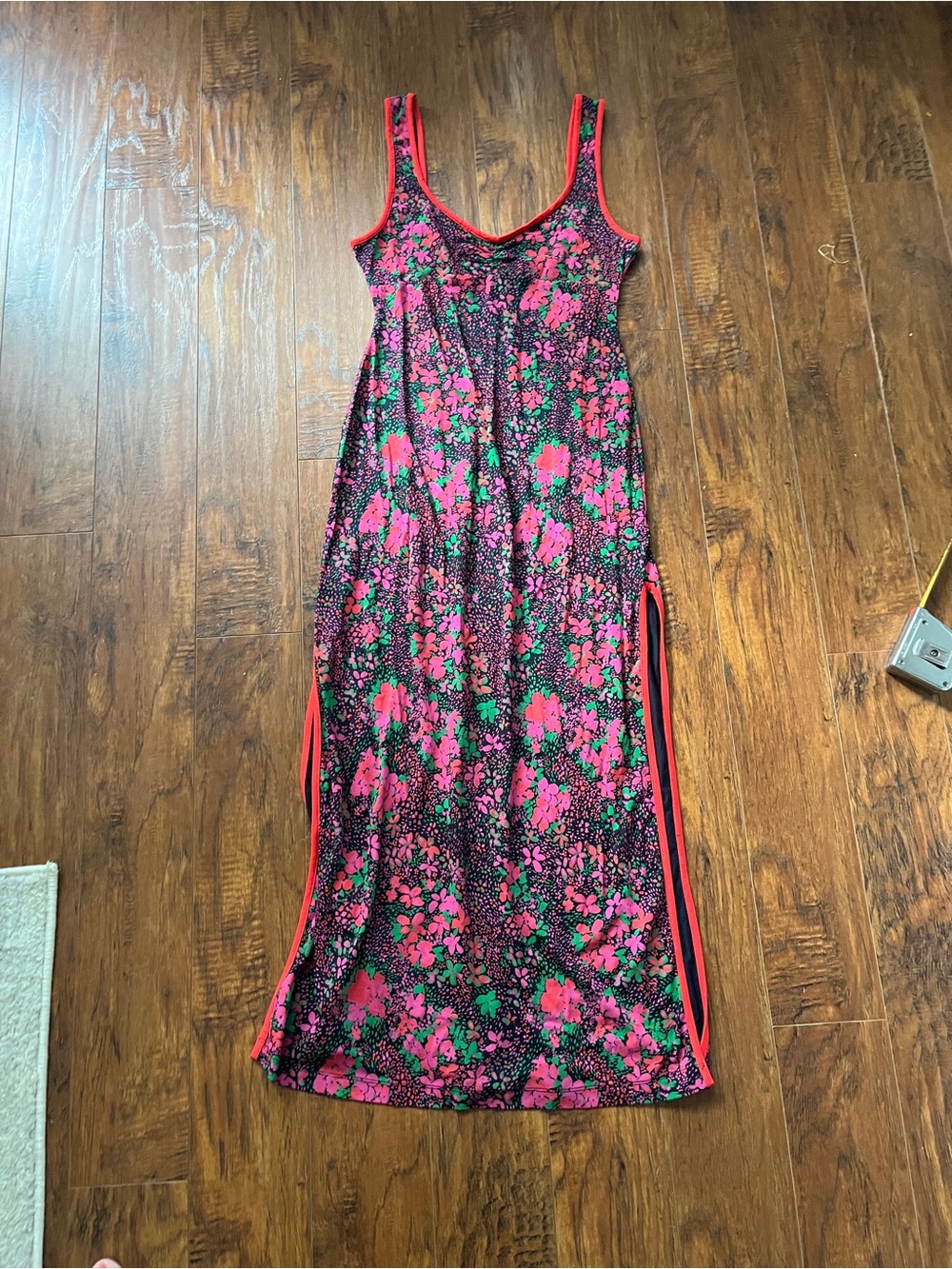 Free People Black Floral Slipโ Dress with Red Trim